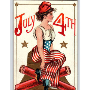 4th Of July Independence Day Postcard Lady Sits On Giant Fireworks Wolf Unposted